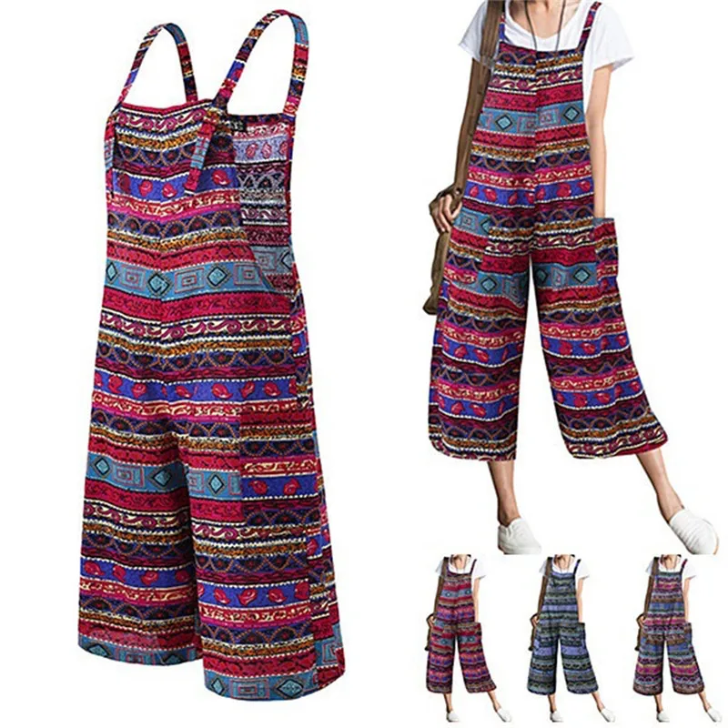 

2021 New Womens Jumper Overalls Print Loose Romper Oversize Ladies Dungarees Jumpsuit Pockets Tank Pants Plus Size S-2XL