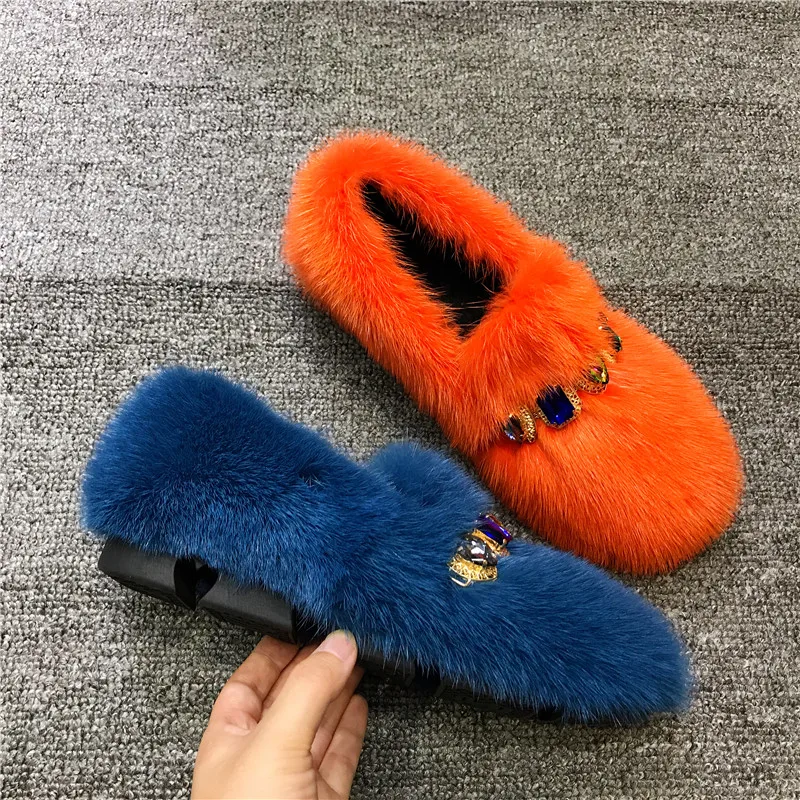 

Real Mink Fur Women Flat Fur Shoes Crystal Decor Casual Moccasins Winter Warm Loafers Espadrilles Ladies Flats Walking Shoes