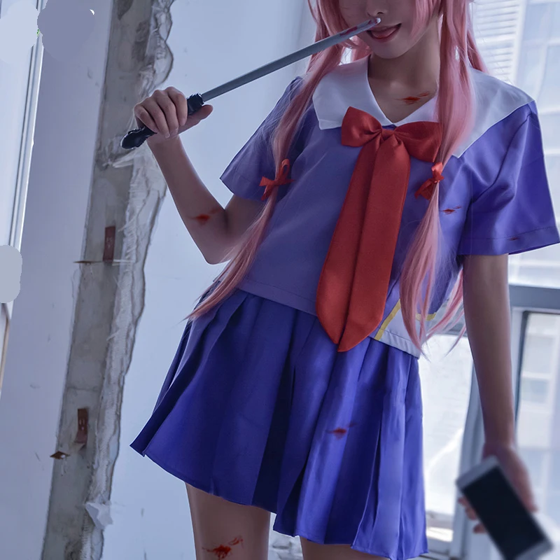 1 set Anime Future Diary Gasai Yuno School Uniform Tops Skirt Suit Wig Synthetic Hair Cosplay Costume Prop for Women Girl Gift |