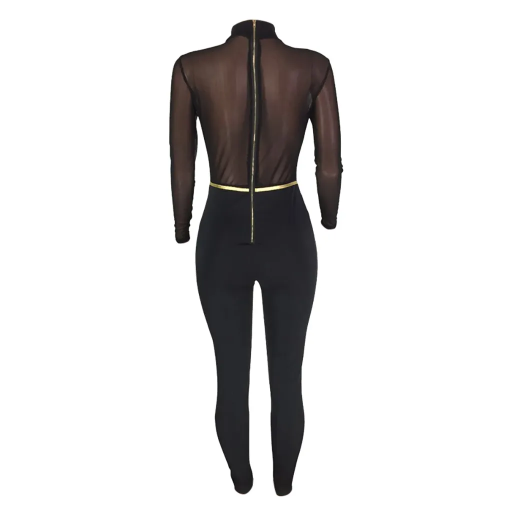 

Womail jumpsuit women new summer Black Sexy Bodycon Romper lace long Sleeve Jumpsuit Elegant Mesh Splicing long Jumpsuit club