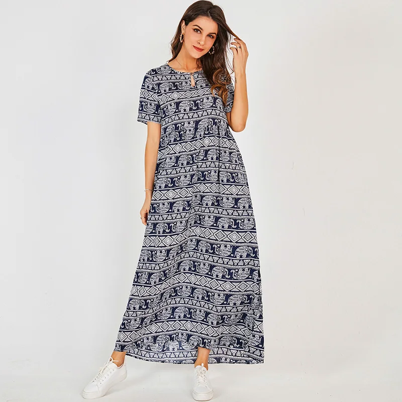 

Womens Holiday Dress Beach Style Leaf Print Cut Out Short Sleeve Maxi Long Loose Dress