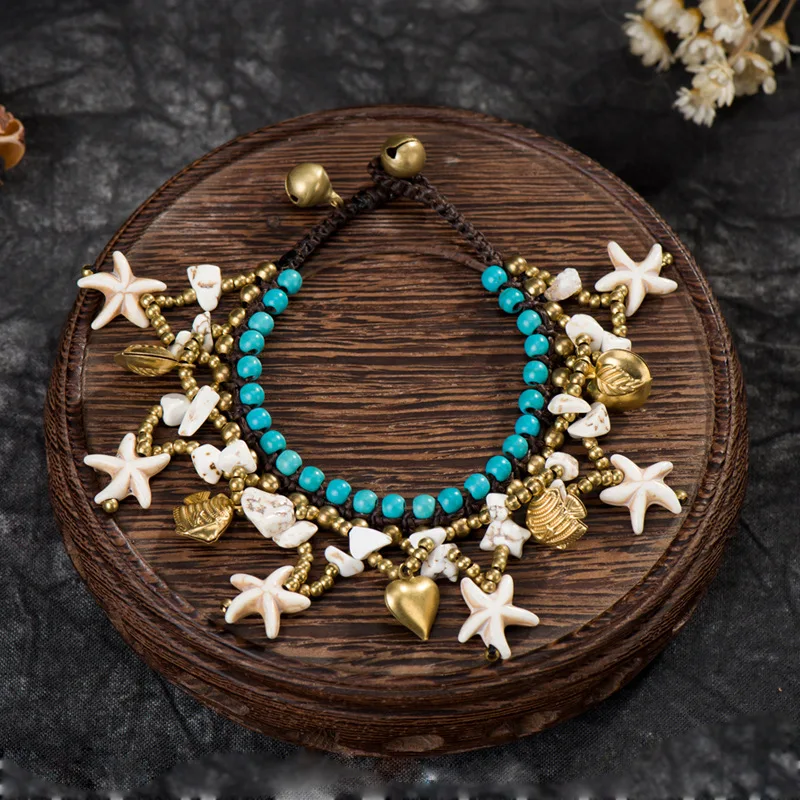 

Bohemian Ethnic Style Semi-precious Stone Starfish Woman Bracelet Wax Rope Hand-woven Beach Style Creative Female Bangle Jewelry