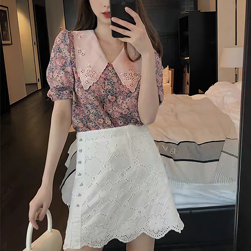 

Women's Little Daisy Floral Top Women's Short Sleeve Puff Sleeve Chiffon Shirt Pink