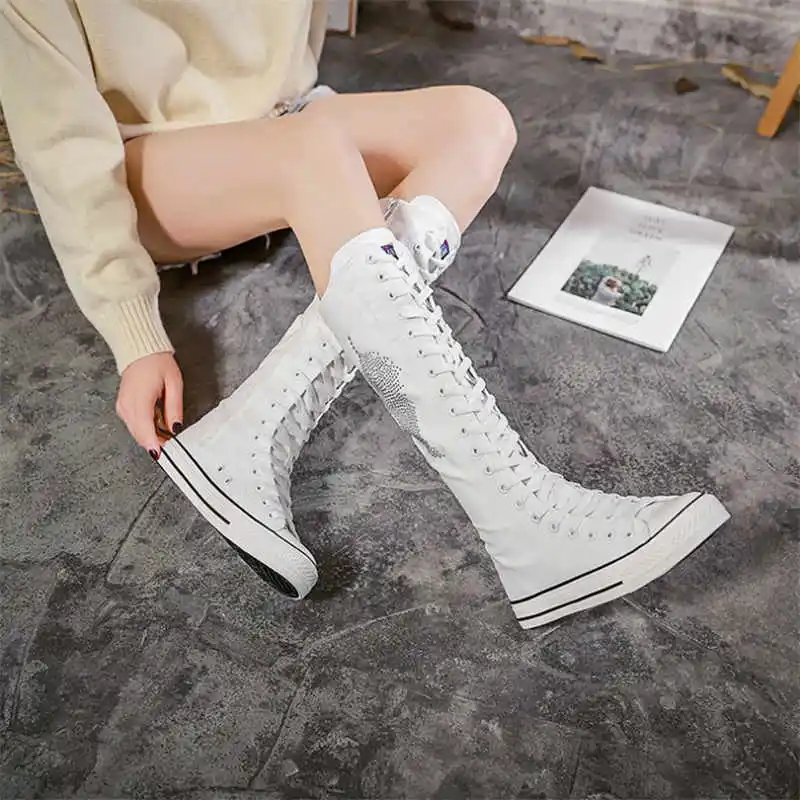 

Casual hip-hop street dance personality interpretation dance long tube hot diamond lace-up side zipper flat canvas shoes