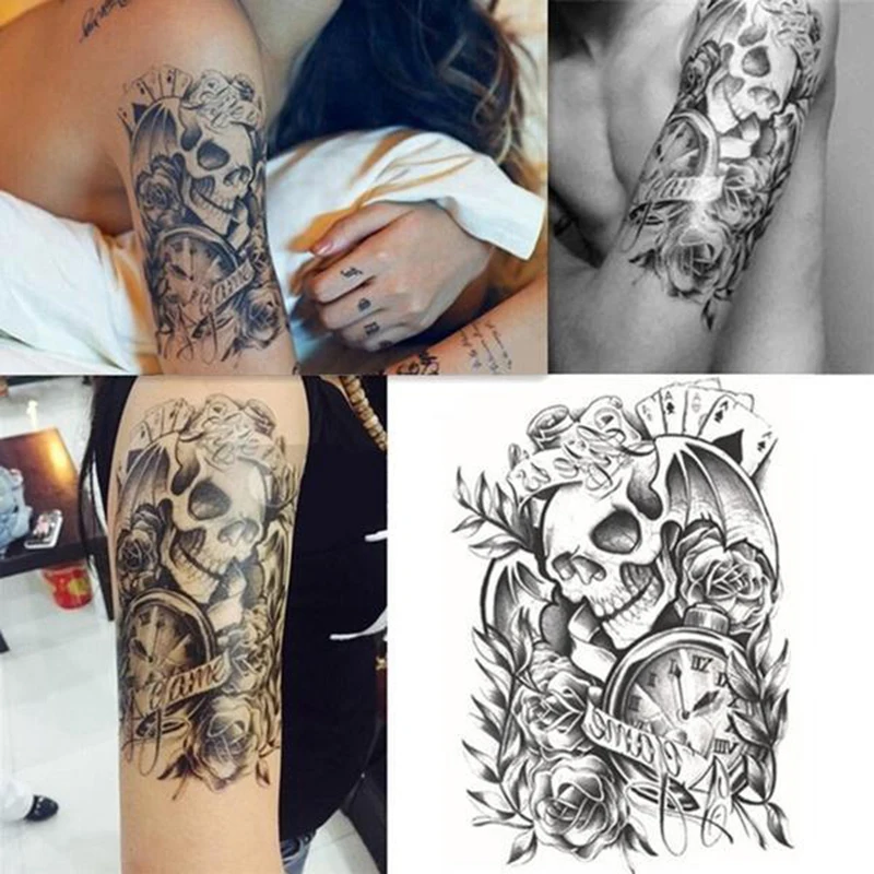 

NEW Waterproof Temporary Tattoo Sticker Full Arm Large Skull Old School Tatoo Stickers Flash Fake Tattoos for Men Women