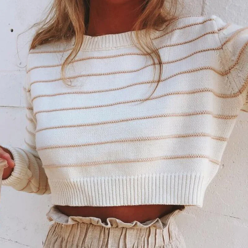 

2020 Autumn Outfits Women Knitted Sweater O-Neck Long Sleeve Casual Short Knitted Top Female Striped Pullovers Ladies Pull Femme