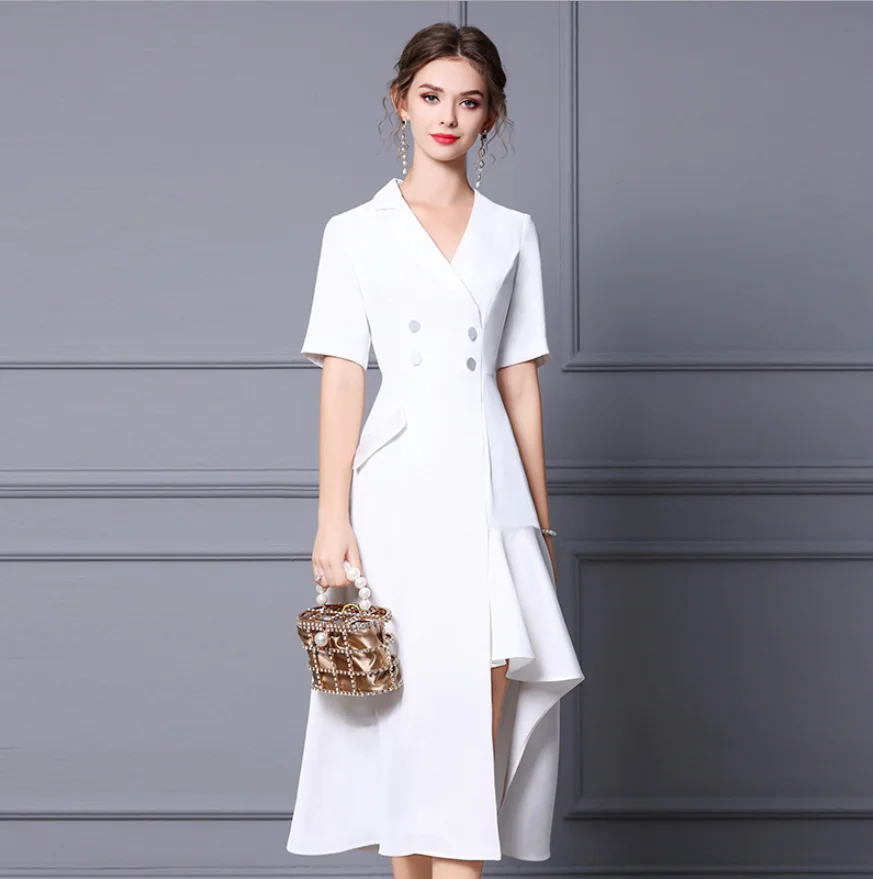 

Notched Asymmetrical V-Neck Ladies Summer Dress OL Cool Bussiness Slim Woman Long Skirt Elegant Unique Short Sleeve Waist Skirts