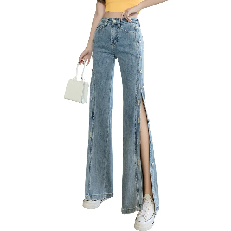 

Adjustable Side Button Slit Jeans Pants Women High Waist 2021 Summer New Fashion Korean Long Trousers Ladies Outwear Clothes