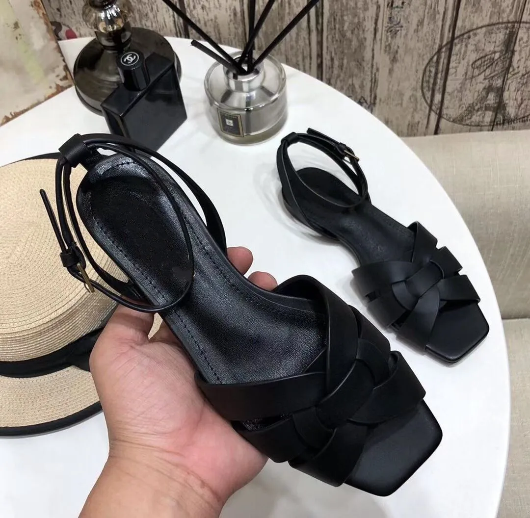 

Black Leather Open Toe Woven Flat Sandals Summer Patent Leather Cross Strap Casual Beach Sandals Women
