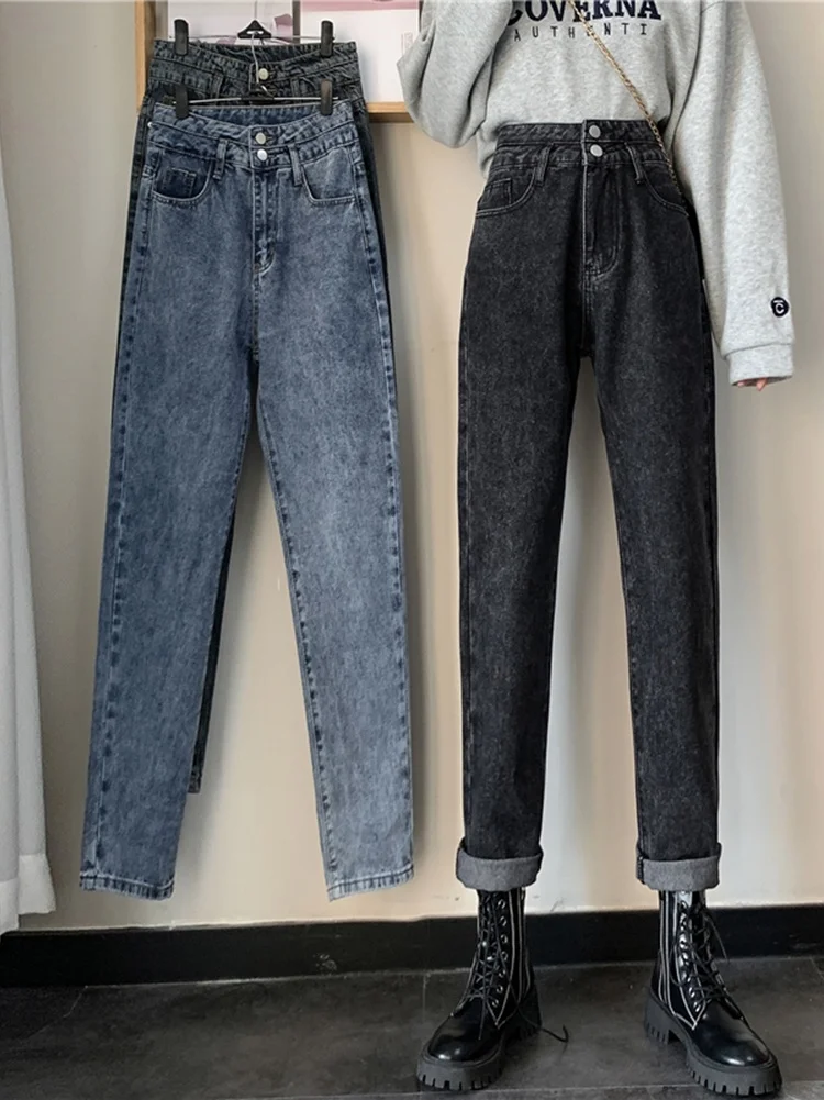 

Женские утепленные джинсы на осень и зиму, новинка 2021, свободные и универсальные облегающие прямые брюки с высокой талией