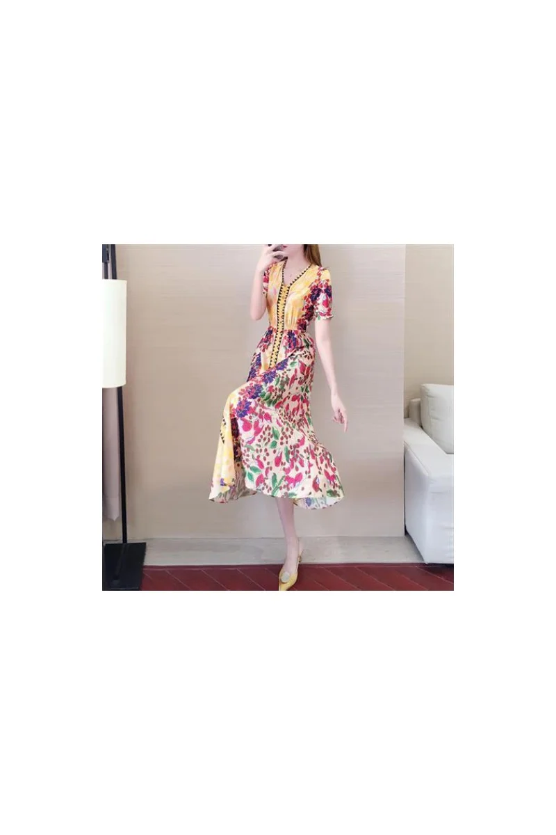 

Retro chiffon dress 2020 new summer floral ethnic style Office Lady Chiffon Polyester Knee-Length Short