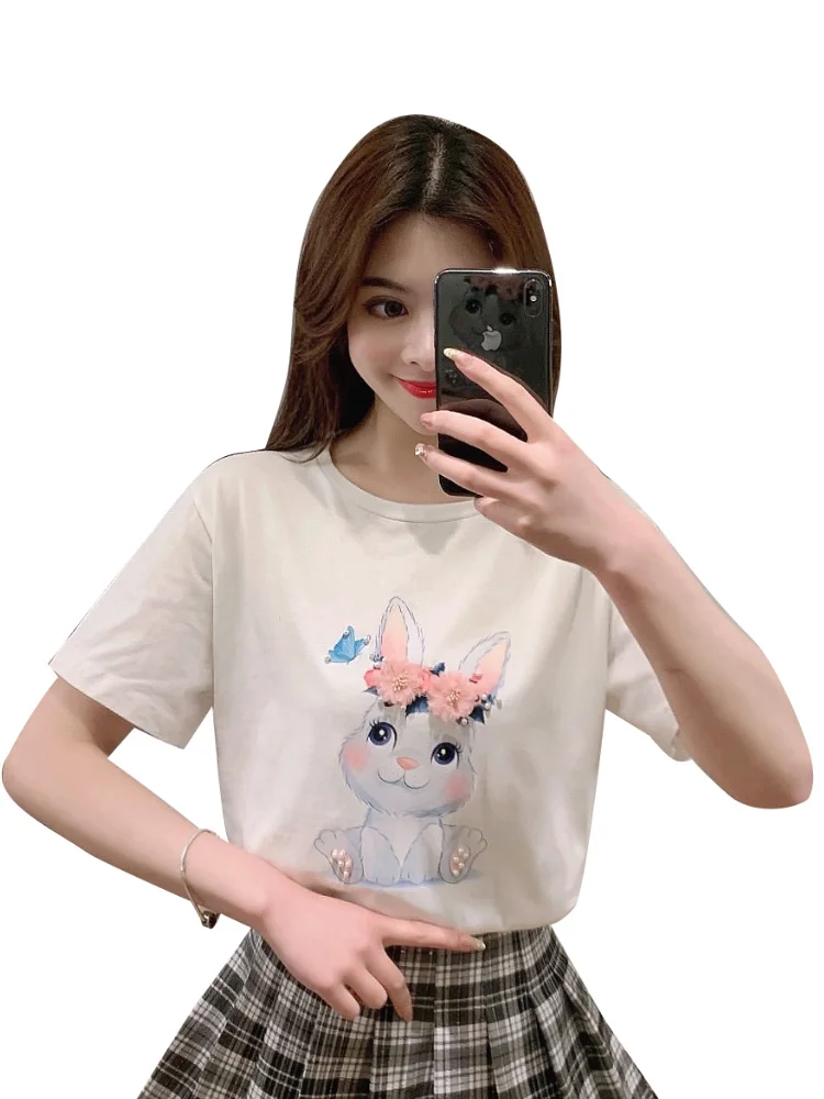 

2021summer New Korean Style Versatile Rabbit Pattern Printing Three-Dimensional Decoration Beaded Short Sleeve T-shirt Top Women