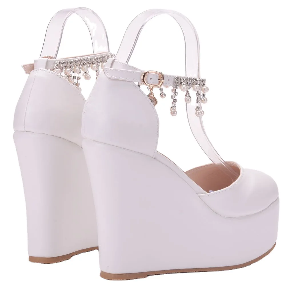 

Summer thick sole slope heel round head pearl tassel super high heel Size single Shoes White sandals soft soled women's