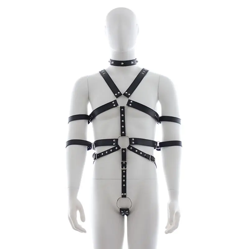 

2pcs Men Lingerie Belt Set PU Leather Cross Enticing Body Link Harness Halter Neck Waist Bandage Clubwear