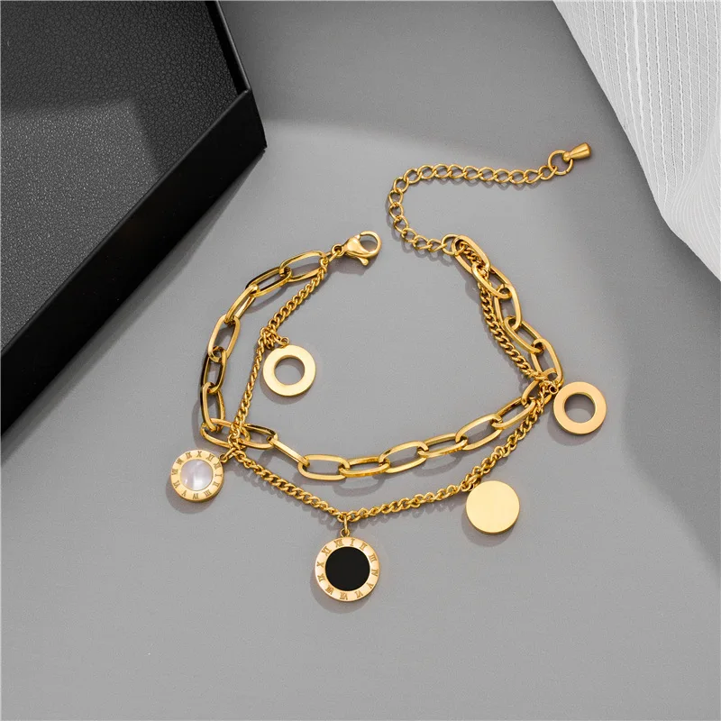 

New Designed Multi Layered Rose Gold Chain Link Bracelet Jewelry for Women Fashion Circle Roman Numerals Charm Bracelets