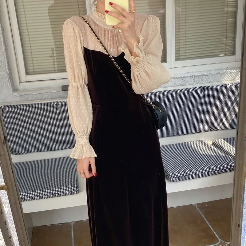 

Alien Kitty Women Dresses Retro Long-Sleeves Mesh Patchwork Velvet Gentle French Sweet Stand Collar Female Fashion Elegant