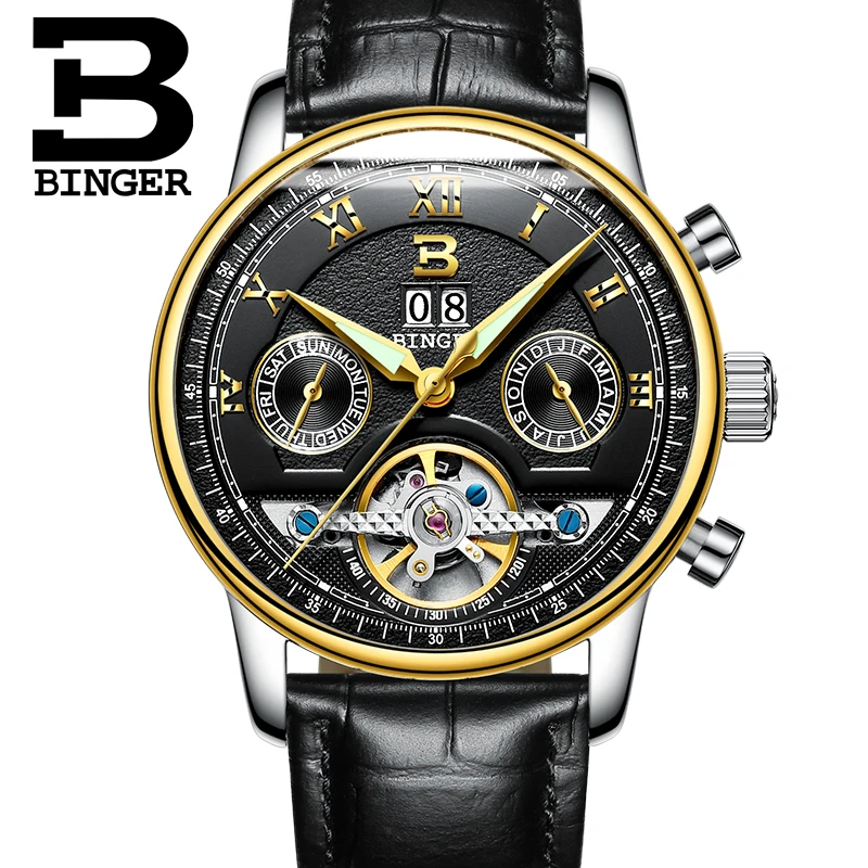 

relojes hombre BINGER Mens Watches Top Brand Luxury Automatic Watch Men Mechanical Clock Gold Black Reloj Mecanico de Hombres