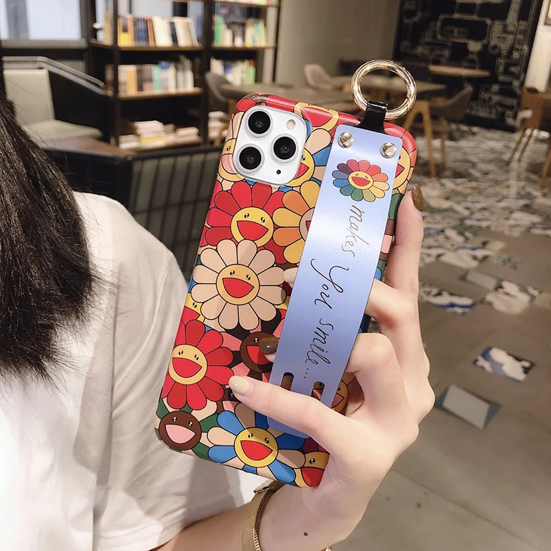 Чехол с подсолнухом для iPhone 11 Pro X XR XS Max 7 8 Plus, чехол с милым ремешком, подставка для телефона, чехол для iPhone 7 8 6S Plus