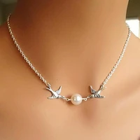 btuamb trendy double birds simulated pearl necklaces for women collier clavicle chain necklaces pendants femme party jewelry