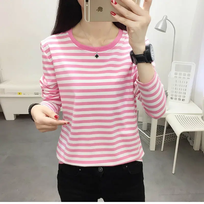 

2020 Fall Women Korean Vintage Striped Streetwear Long Sleeve Modis Camisas Mujer Cotton Clothes T shirt Tops A91