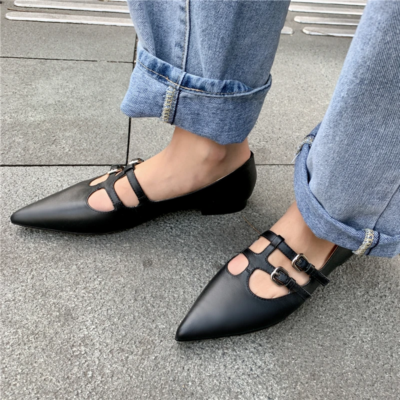 

VERCONAS Retro Casual Spring Women Genuine Leather Pumps Pointed Toe Low Heels Shoes Woman Mary Janes Buckle Pumps High Quality