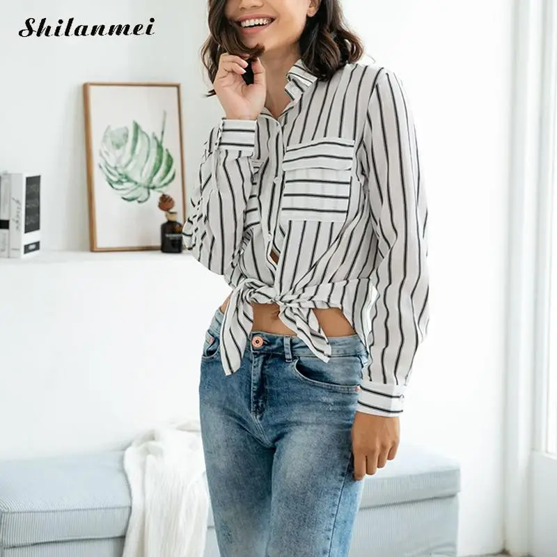 2019 осенние хлопковые элегантные полосатые рубашки блузки с v-образным вырезом и
