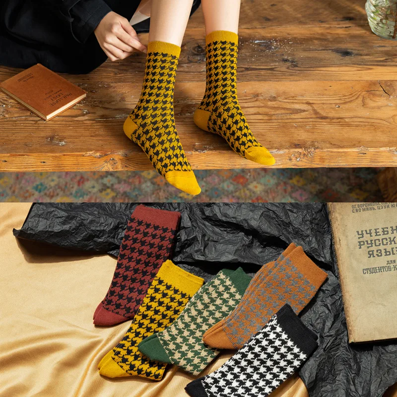 10 pieces = 5 pairs Socks Women Tube 2020 New Style Autumn and Winter Cotton Classic Houndstooth Fashion Day Trend women Socks
