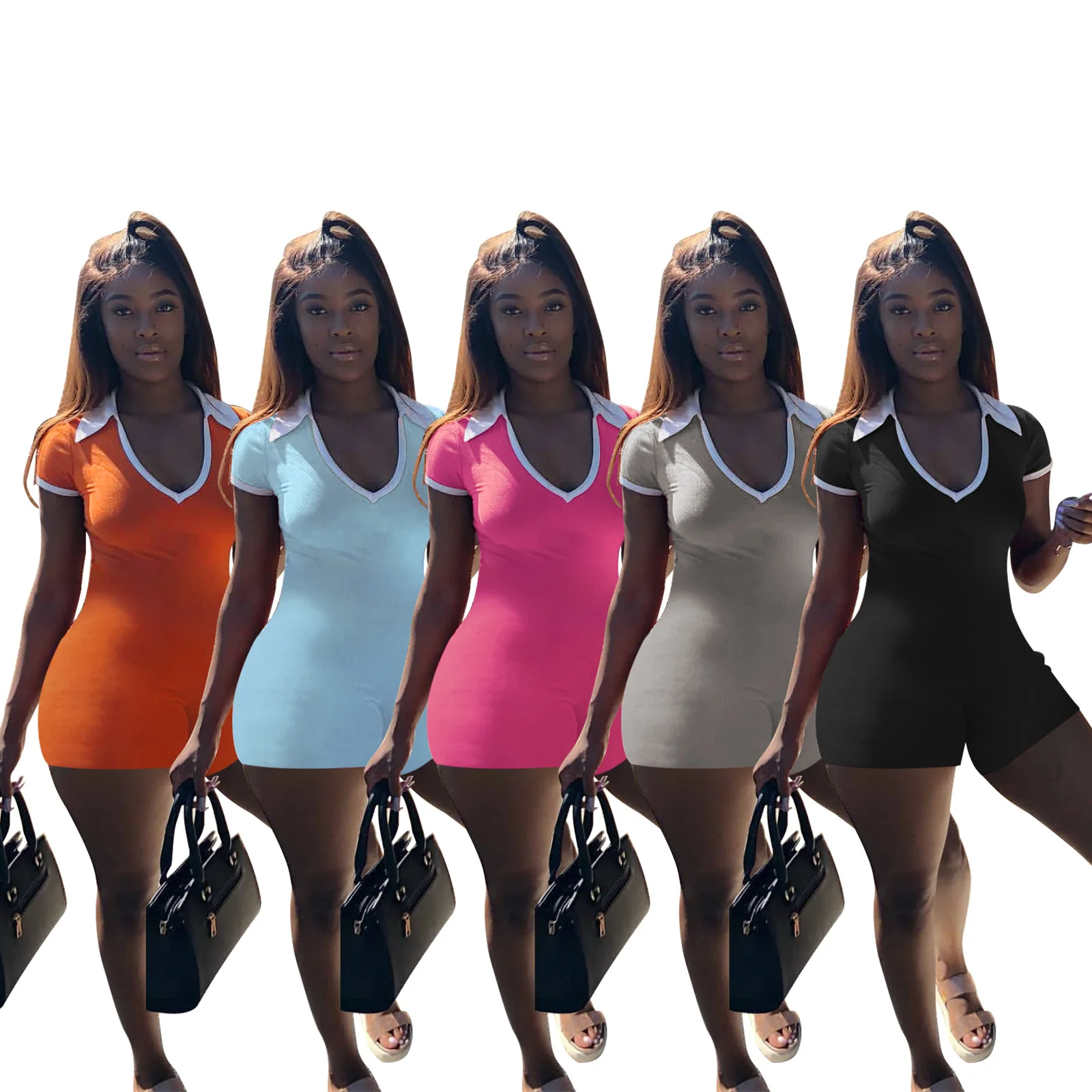 

Casual Women Jumpsuit Short Sleeve Turn Down Collar Sportwear Skinny Short Romper Women Jumpsuit Outfit
