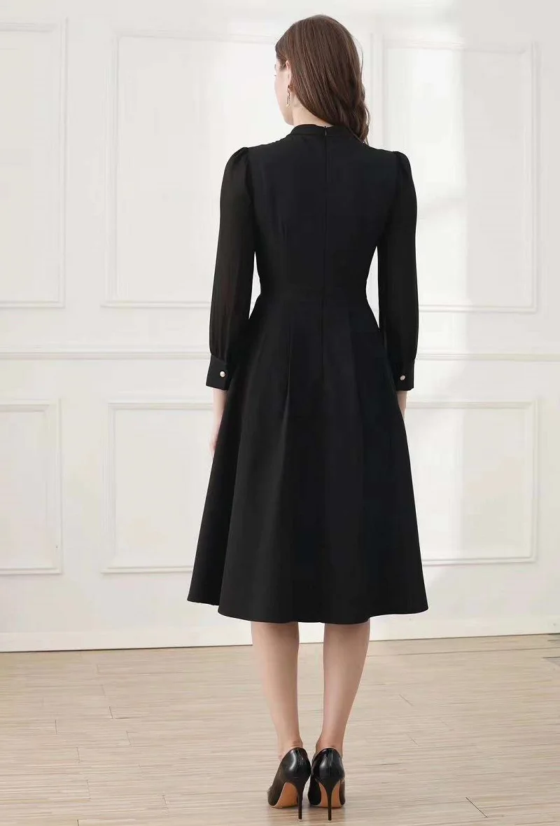 

Autumn Winter 2021 Fashion Black Green Dress for Women Stand Neck Studs Button Up Long Sleeve Party Elegant A-Line Dress Runway