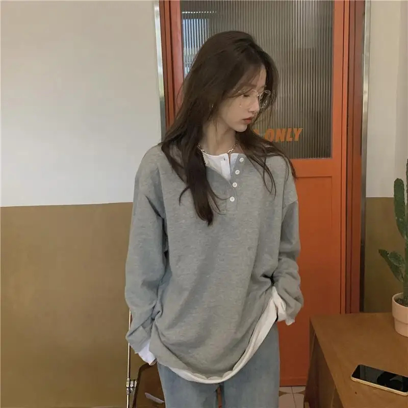 

Женские толстовки с длинным рукавом, весенние Повседневные пуловеры с двумя слоями на пуговицах, модная простая шикарная одежда в Корейско...
