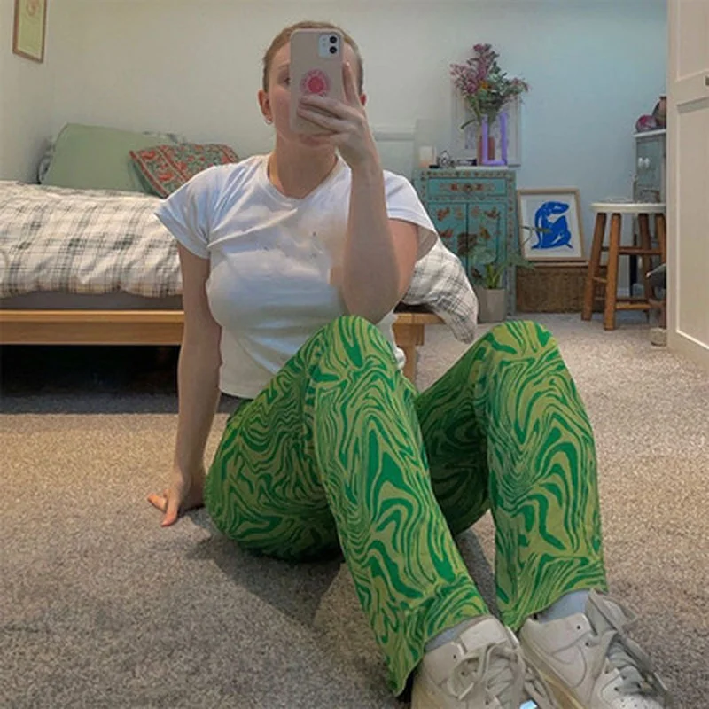 

Wide Leg Pants Women Green Tie Dye Trousers Y2K Fashion Outfits Sweatpants Printed Vintage High Waist Pant Women Trousers 2021