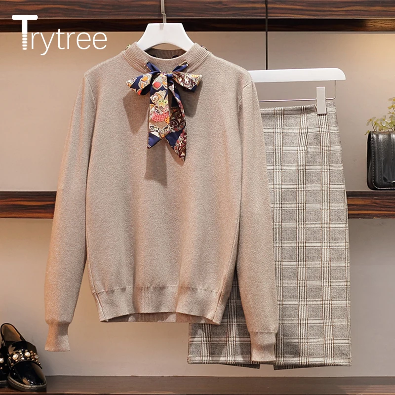 Trytree/2019 Осенний женский костюм из двух предметов повседневный Вязаный топ с