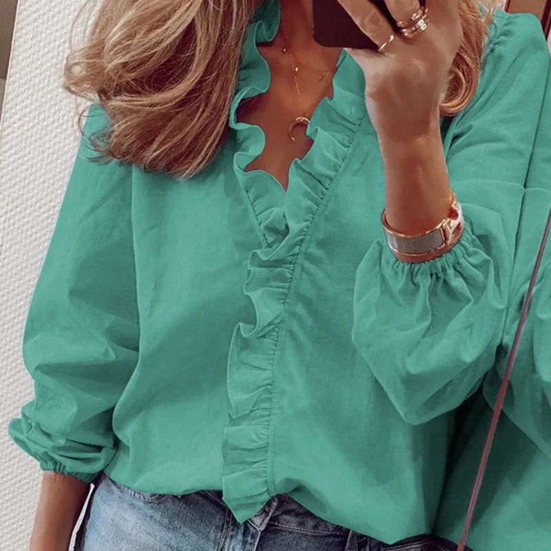 

Chic Chiffon Shirt Loose Tops Women Pure Color Layer Flounce V-neck Long Sleeve High Waist Pullover Shirt Slim Blouses New