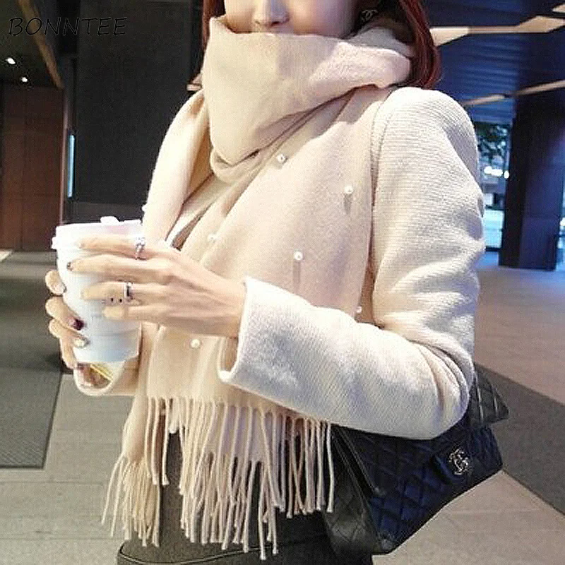 

Scarves Women Winter Scarf Thick Warm Trendy Solid Tassel Womens Cute Shawl Student Daily All-match Elegant Korean Simple Soft