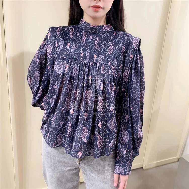 

2021 Spring Summer Women's Blouse Long Flying Sleeve Shirt Pleated Tops Vintage Cashew Print Stand Collar Female Outfit
