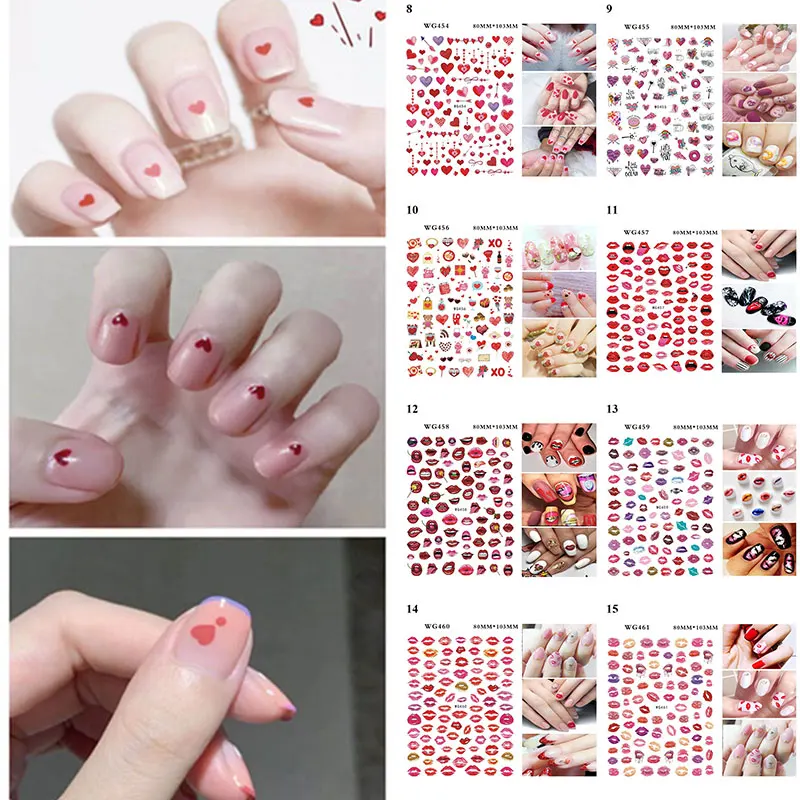 Nail Art Stickers Adhesive Red Lips DIY Manicure Sexy Flowers Love Heart 3D Nail Decals For Decoration Paper Christmas Gift