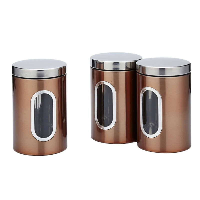 

3PC Kitchen Canister Sugar Food Tea Coffee Candy Storage Jars Stainless Steel With Transparent Windows Dry Food Snack