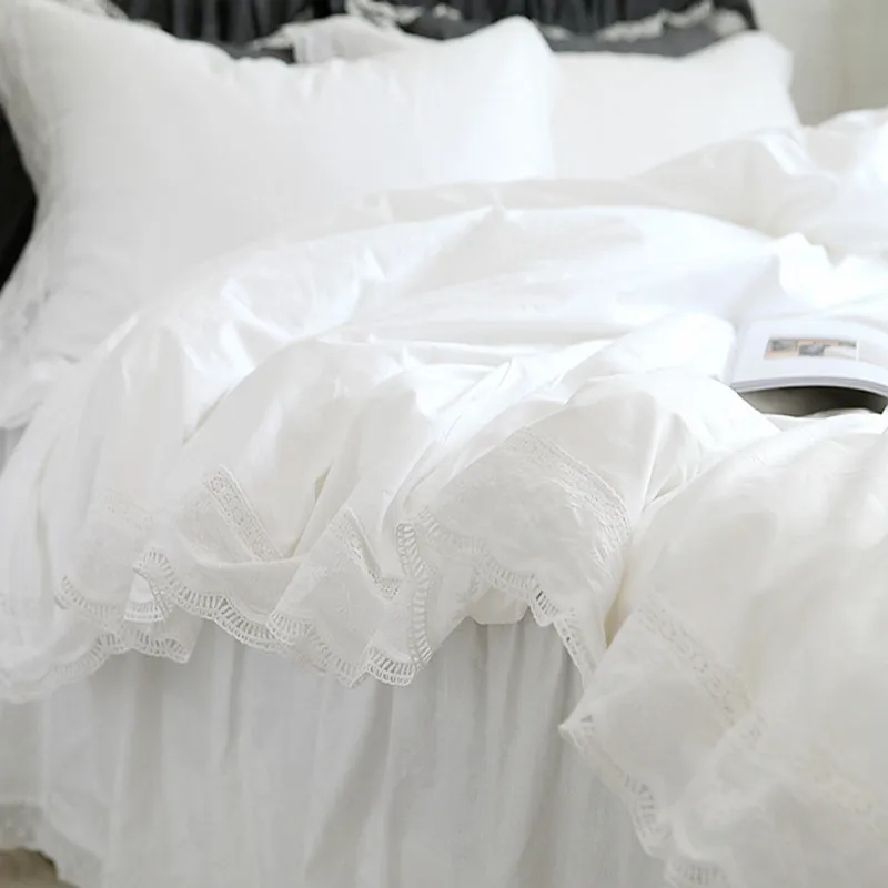 Luxury Romantic Ruffle duvet cover White bedding king duvet cover lace bed set princess solid cotton quilt cover duvet set queen
