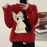kawaii cat cartoon graphic oversized knit sweater red white black