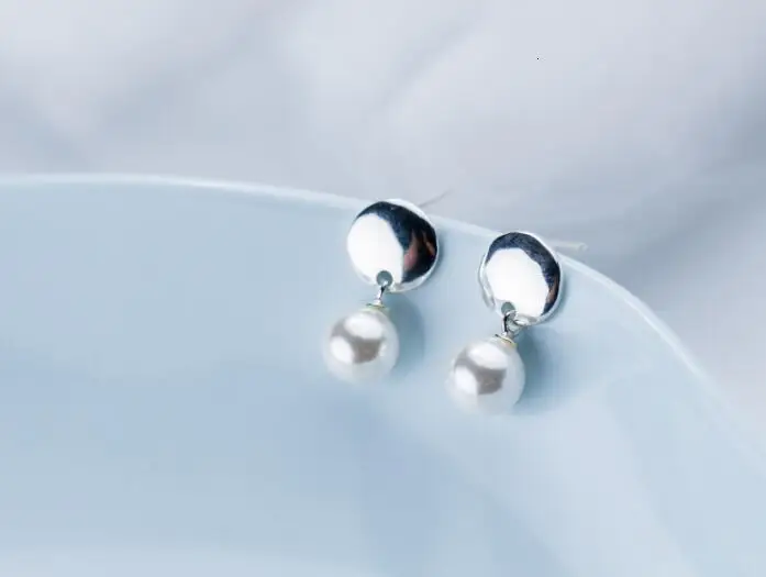 

Real Authentic 100% 925 Sterling Silver fine Jewelry Geometric ROUND &synthesis pearl dangle Earrings GTLE2455