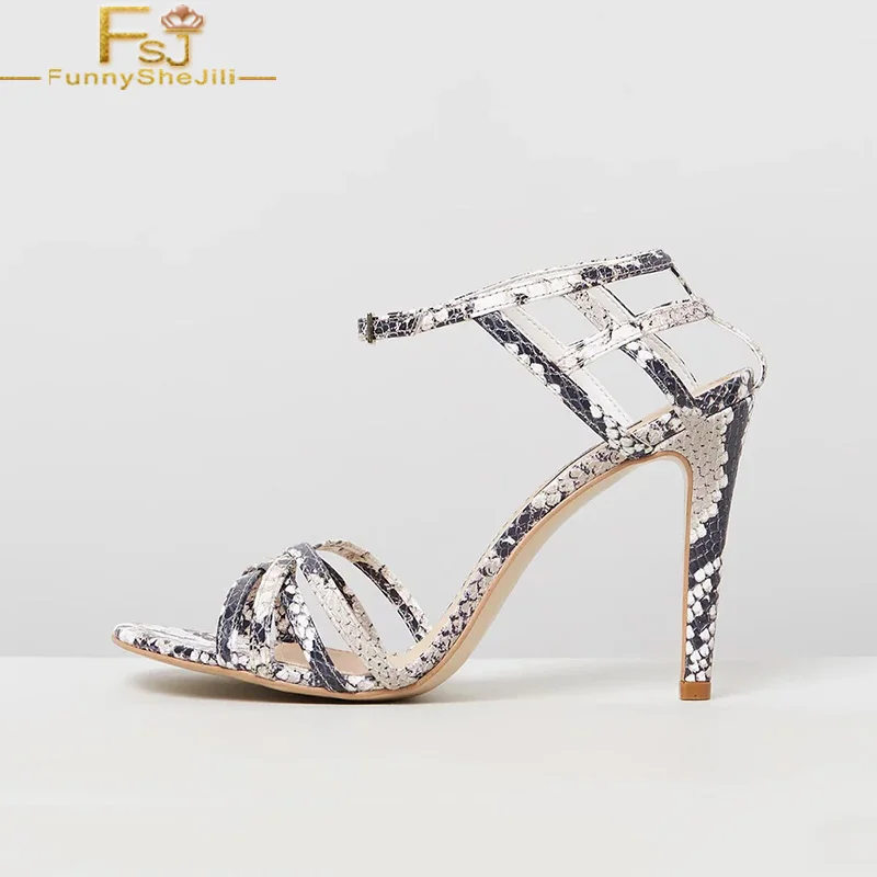 

Snake Prints Women Sandals Stilettos High Heels Narrow Band Ankle Strap Large Size 11 15 Ladies Summer Fashion Mature Shoes FSJ