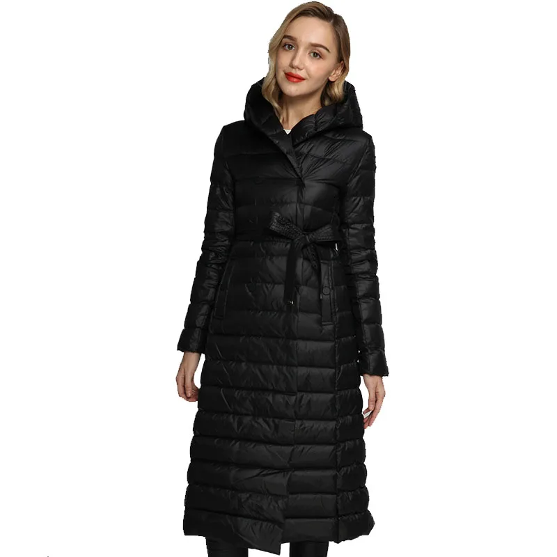 

Winter Jacket Women Long Down Coat With Belt Ultra Light Hooded Female Thin Jacket Army Green Autumn White Duck Down Coat