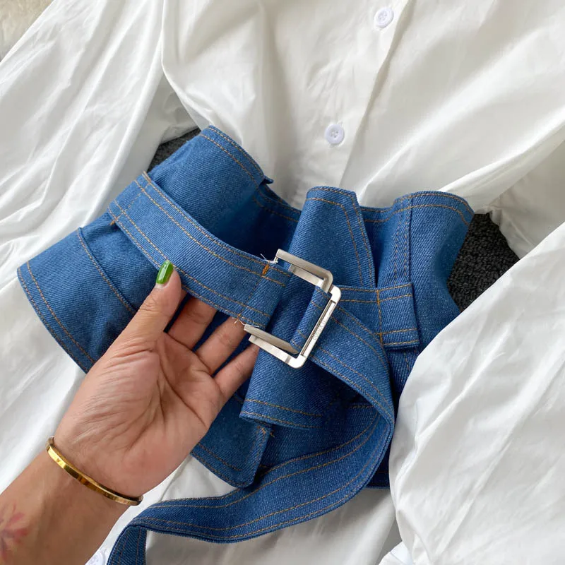 

FMFSSOM 2021 Summer Office Ladies Long Sleeve White Shirt Retro Long Shirt Girl Cowboy Waist New Arrival Two-piece Polos