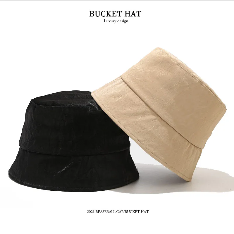 

New Dark Wind Foldable PU Fisherman Hat Women's Fashion Panama Small Eaves Retro Basin Hat Personality Sunscreen Bucket Hat