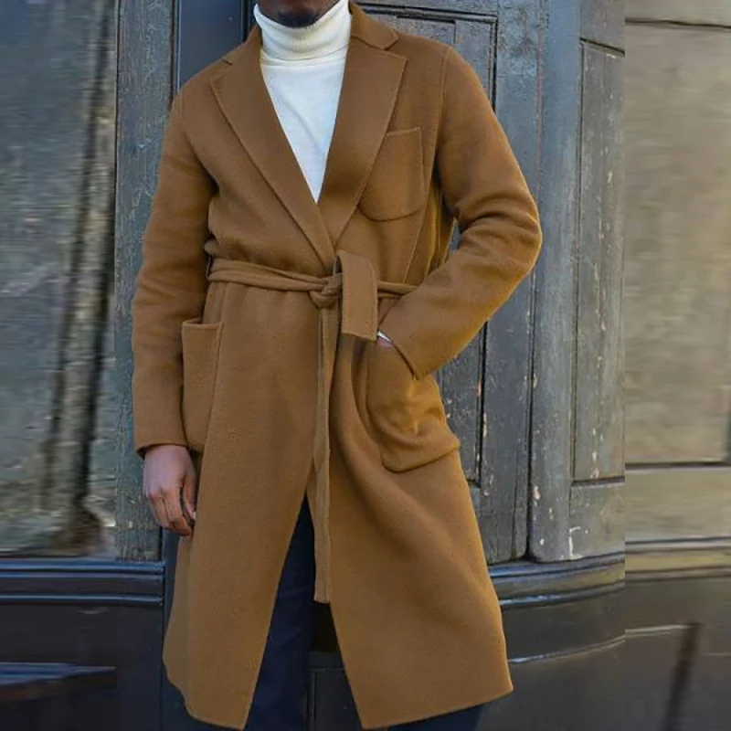 

2021 Autumn Casual Turn-down Collar Coat Men's Winter Warm Belt Long Sleeve Outerwear Fashion Solid Woolen Midi Long Jackets Men