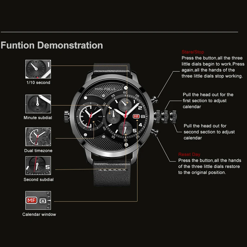 Мини фокус несколько часовых поясов кварцевые часы мужские кожаные повседневные