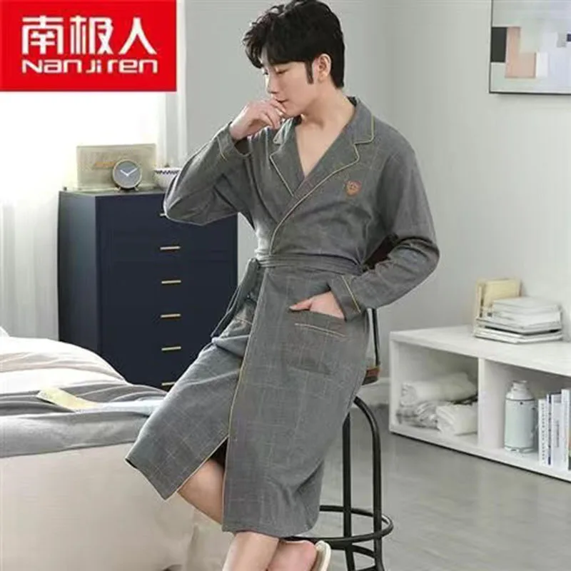 

Men Warm Bathrobe 100% Cotton Long Sleeve One Piece Leisure Wear Men Autumn And Winter Bath Robe Dressing Gown Cozy Robes