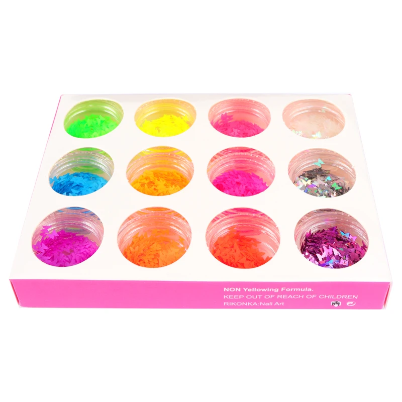 Неоновые Блестки для ногтей в форме бабочки/сердца 3D тонкие кленовые хлопья