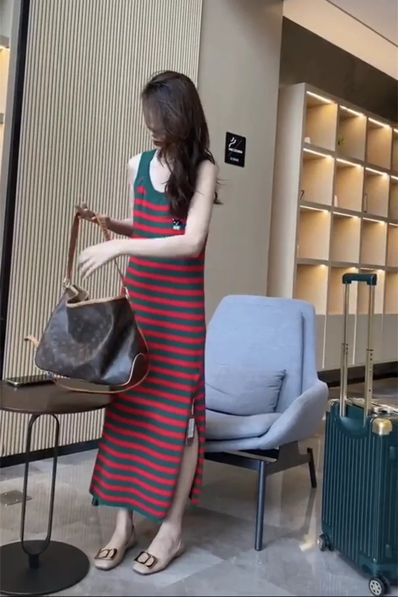 

Women's Long Striped Straps Dress 2021 Summer Split Sleeveless Vest Knitted Sling Rainbow Dress Female Casual Slim Dress