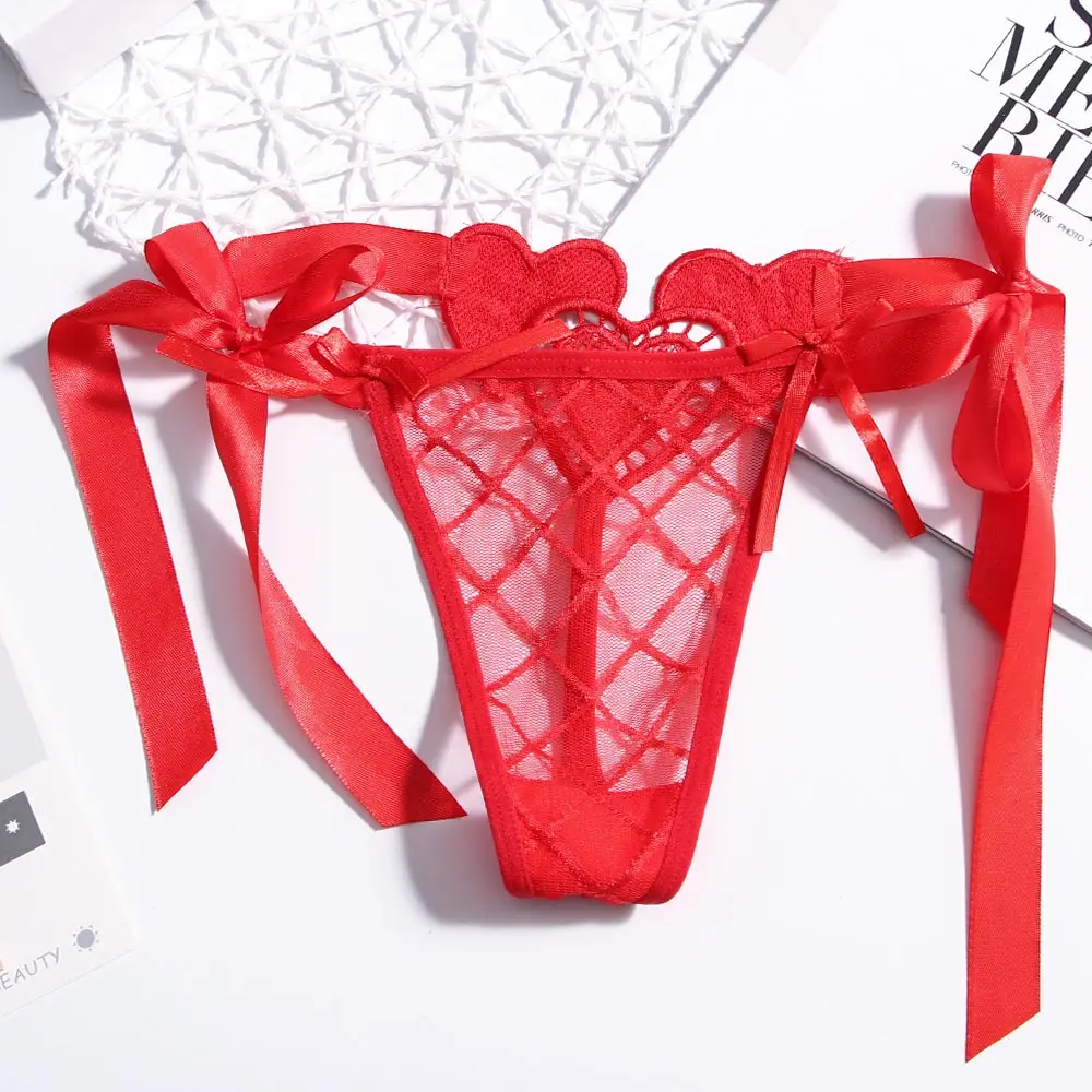 Sexy Lace Floral Hollow Out Panties Women Tie G-string Thongs Sheer Low Waist Underwear Soft Lingerie Ice Silk Brief | Женская одежда